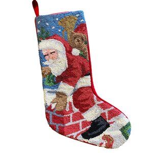 Santa Claus Christmas stocking Wool needlepoint velvet backed teddy bear holiday